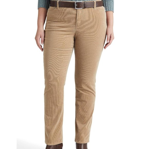 LAUREN RALPH LAUREN Stretch Corduroy Mid-Rise Straight Pants in Light Truffle - Picture 1 of 3